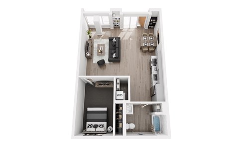 A top-down view of a small apartment with a living room, kitchen, and bathroom.